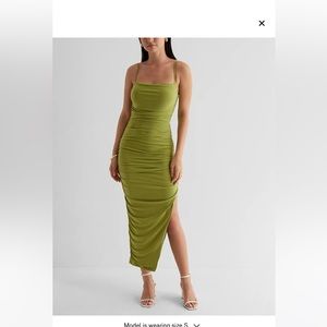 Body Contour Mesh Ruched Side Slit Midi Dress With Bra Cups. Size xs.